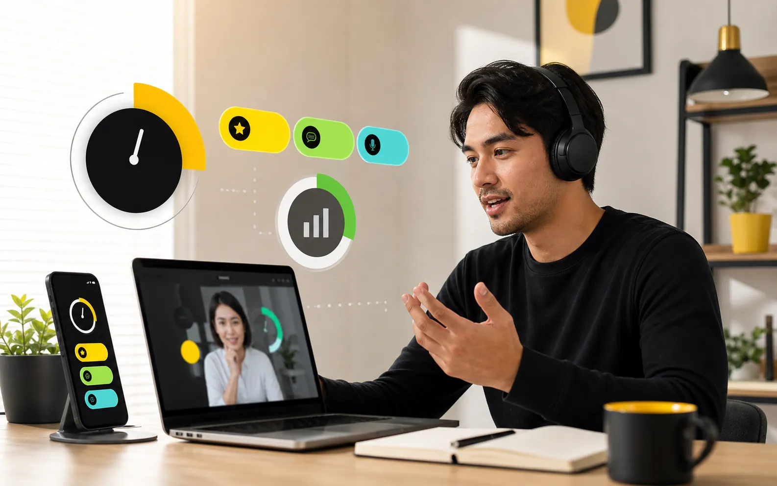 Short morning language practice session with an AI tutor on phone and laptop