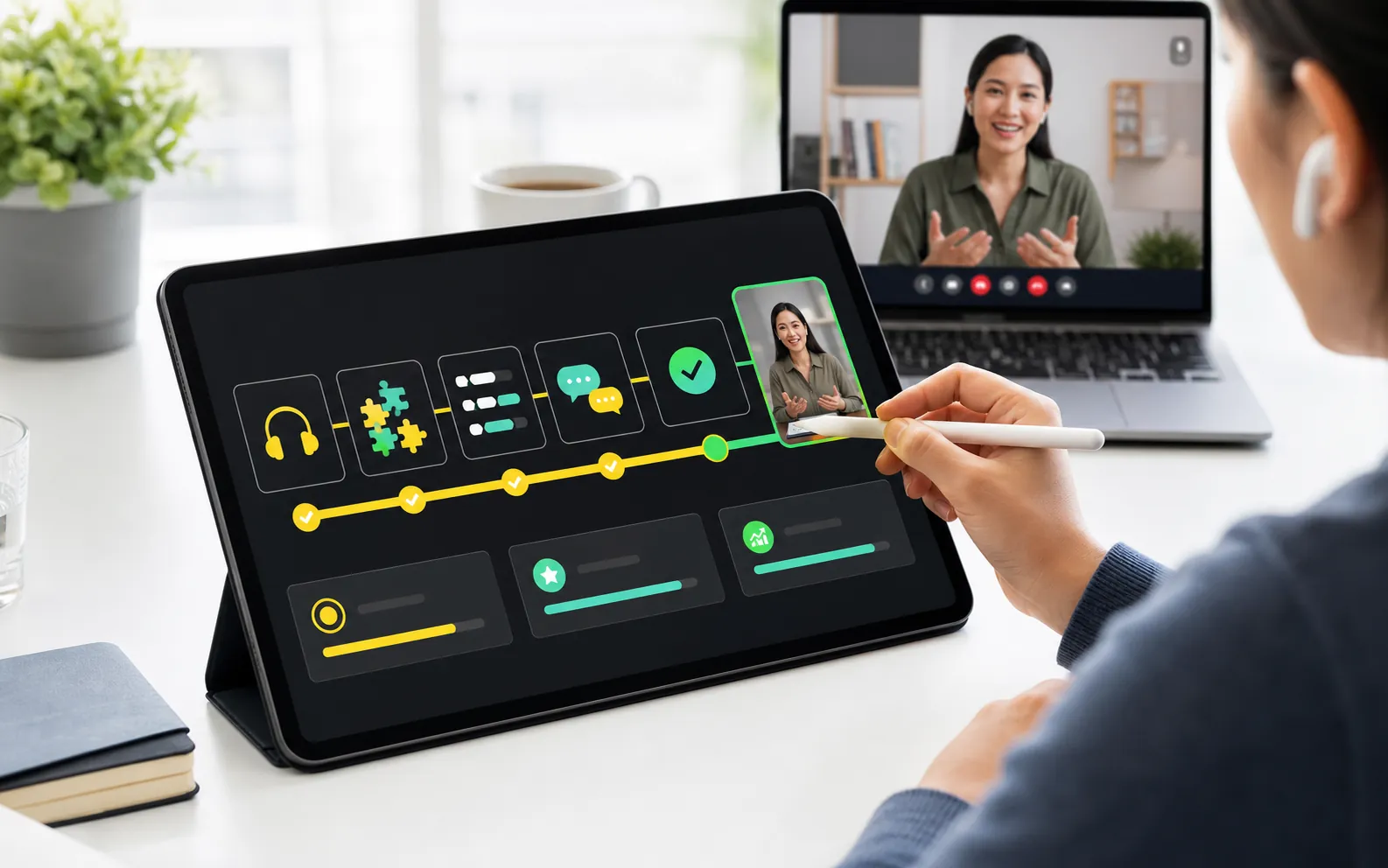 Guided language lesson path leading into a live AI tutor conversation