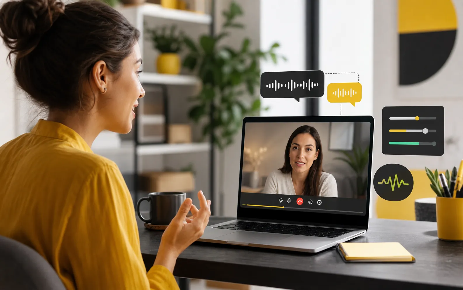 Learner speaking with a lifelike AI language tutor on a laptop